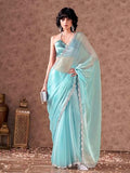 Womanista Women'S Jimmychoo Solid Blue Saree Embellished Lace With Un-Stitched Blouse
