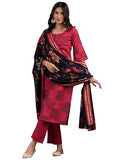 Libas Womens Printed Silk Blend Straight Kurta With Trousers And Dupatta