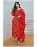 Anni Designer Women'S Rayon Blend Straight Bandhani Printed Kurta With Pant & Dupatta (Nagwar Red_L_Red_Large),Red,L,Rayon Blend,Regular,