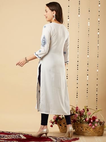 Anni Designer Women'S Cotton Blend Chikankari Embroidered Straight Kurta (Ekachith White_L_White_Large),White,L,Cotton Blend,Regular,