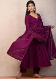 Gosriki Women'S Rayon Viscose Yoke Anarkali Kurta With Pant & Dupatta (Suruchi Wine-Vks01-Gs_S_Wine_Small),Wine,,B0DSKPNSPB