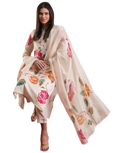 Anni Designer Women'S Rayon Blend Straight Printed Kurta With Pant & Dupatta (Merlino Cream_Xl_Cream_X-Large),Cream,XL