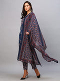 Anni Designer Women'S Cotton Blend Straight Printed Kurta With Pant & Dupatta (Patni Blue_S_Blue_Small),Blue,S,Cotton Blend,Regular,