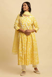 W For Woman W Women Yellow Festive Floral Print Cotton Kurta Set, Slim Pant & Dupatta_24Fews10795-123288_S