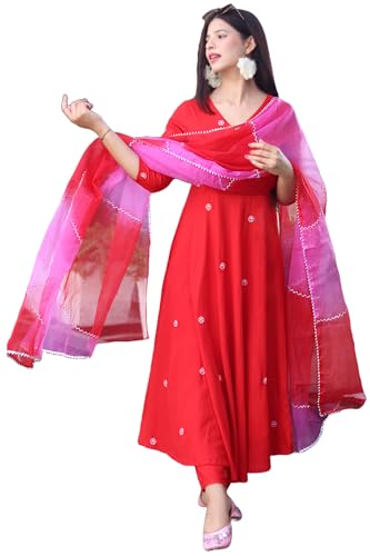 Anni Designer Women'S Cotton Blend Anarkali Embroidered Kurta With Pant & Dupatta (Gsk-Red-Nw_Xxl_Red_Xx-Large),Red,2XL