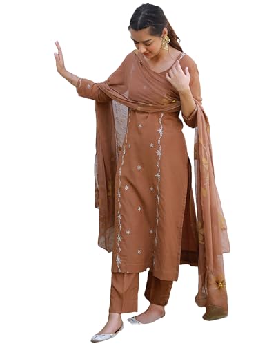 Anni Designer Women'S Rayon Viscose Embroidered Straight Kurta With Pant & Dupatta (Kintu Coffee_Xl_Brown_X-Large),Brown,XL