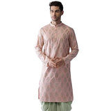 Kisah Men Blushing Peach Woven Design Kurta Full Sleaves, Knee Length, Straight, Regular Fit, Mandarin Collar Ethnic Wear, 50