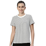 Enamor Athleisure Women's Relaxed Fit Short Sleeve Crew Neck 4 Way Stretch Breathable Antimicrobial Cotton Tee with Graphic - A3S1(A3S1-Ivory Str /Happy Soul Graphic-M),Ivory Str/Happysoul