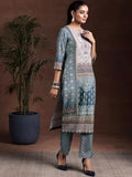 Libas Womens Printed Crepe Straight Kurta With Trousers And Dupatta Grey Xl 36934