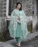 Anni Designer Women'S Cotton Blend Printed Straight Kurta With Pant & Dupatta (Pragya See Green_L_See Green_Large),Yellow,L,Cotton Blend,Regular,Kurta,Pants,Dupatta