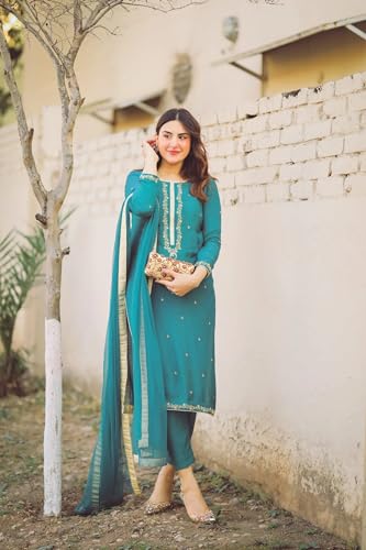 Anni Designer Cotton Blend Women'S Calf Length Embroidered Straight Kurta With Pant & Dupatta (Aaniyat Green-Nvw Medium),Green,M,Cotton Blend,ANNI DESIGNER Women's Cotton Blend Straight Embroidered Kurta with Pant & Dupatta (Aaniyat Green-NVW),