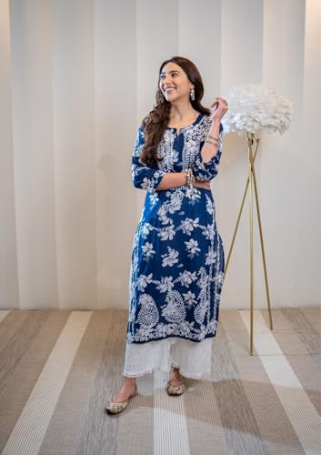Anni Designer Women'S Rayon Blend Chikankari Embroidered Straight Kurta (Sceros-Cerosin_Xxl_Blue_Xx-Large),Blue,2XL,Rayon Blend,Regular,Kurta