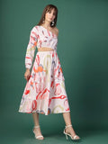 Oomph! Women'S Western & Fusion Wear Printed Crepe Dress For Women One Shoulder White - Md1080,Off WhiteApparel,XL