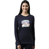 Enamor Essentials Full Sleeve Round Neck Slim Fit Stretch Cotton Lounge Tshirt For Womens-E157 (E157_Navy/ Peace_S)