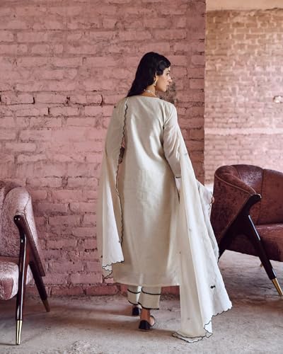 Anni Designer Women'S Rayon Blend Straight Embroidered Kurta With Pant & Dupatta (Thread White_Xl_White_X-Large),White,XL,Rayon Blend,Regular,