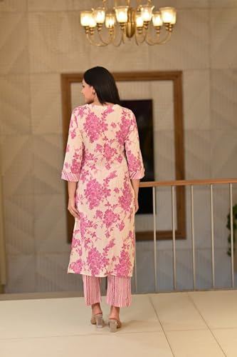 Anni Designer Women'S Cotton Blend Straight Printed Kurta With Pant (Jamahi Pink_Xl_Pink_X-Large),Pink,XL,Cotton Blend,Regular,Kurta
