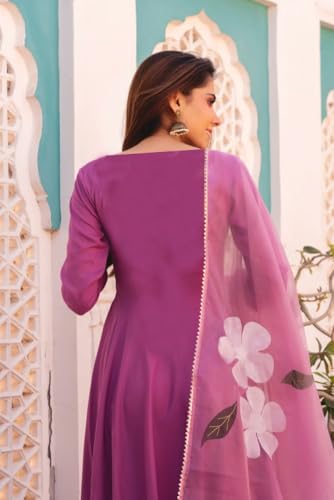 Anni Designer Women'S Rayon Viscose Solid Anarkali Kurta With Pant & Dupatta (Bhanu Pink_M_Pink_Medium),Pink,M,Rayon Blend,Anarkali,