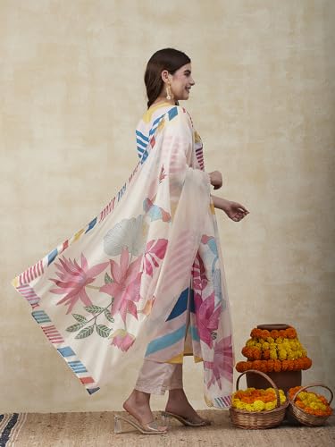 Anni Designer Women'S Cotton Blend Straight Printed Kurta With Pant & Dupatta (Dhimi Pink-Nre_S_Pink_Small),Pink,S,Cotton Blend,Straight,Dupatta