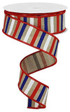 Horizontal Stripe Wired Edge Ribbon - 10 Yards (Light Beige, Red, White, Blue, 1.5)