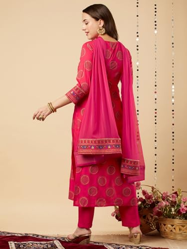 Anni Designer Women'S Cotton Blend Straight Printed Kurta With Pant & Dupatta (Nov-Pink-Nsw_Xxl_Pink_Xx-Large),Pink,2XL,Cotton Blend,Regular,