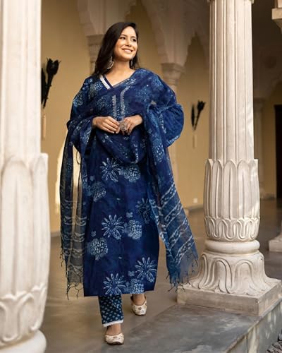 Anni Designer Women'S Rayon Viscose Printed Straight Kurta With Pant & Dupatta (Murgan Blue_Xxl_Blue_Xx-Large),Blue,2XL,Rayon Blend,Classic,