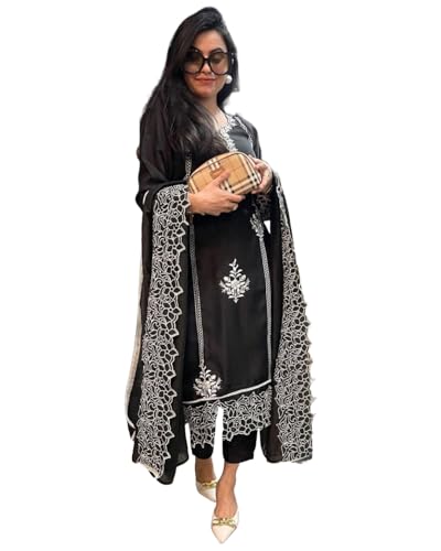 Anni Designer Women'S Rayon Blend Straight Embroidered Kurta With Pant & Dupatta (Trp Black_M_Black_Medium),Black,M