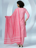 Libas Womens Printed Cotton Straight Kurta With Trousers And Dupatta Pink M 49058