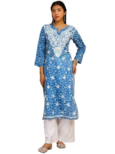Anni Designer Women'S Rayon Blend Straight Chikankari Embroidered Kurta (Nakusha Blue-Nw_M_Blue_Medium),Blue,M