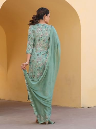 Anni Designer Women'S Rayon Blend Printed Straight Kurta With Pant & Dupatta (Vice Green_Xl_Green_X-Large),Green,XL,Rayon Blend,Regular,