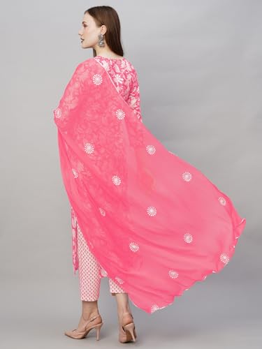Anni Designer Women'S Cotton Blend Straight Printed Kurta With Pant & Dupatta (Mei Pink_S_Pink_Small),Pink,S,Cotton Blend,Regular,Dupatta