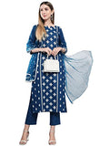 Anni Designer Women'S Cotton Blend Embroidered Straight Kurta With Pants & Dupatta (Kurupam-Cersoin_Xxl_Dark Blue_Xx-Large),Dark Blue,2XL