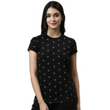 Enamor Essentials Short Sleeve Round Neck Slim Fit Stretch Cotton Lounge Tshirt For Womens-E247 (E247_Jet Black Deer Aop_S)