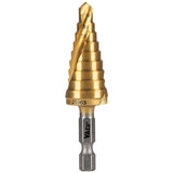 Klein Tools 25963 Step Drill Bit, 1/4 to 3/4Inch, Spiral DoubleFluted, Cuts Thin Metal, Plastic, Aluminum, Wood, 1/4Inch Hex 