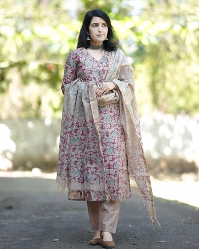 Anni Designer Women'S Cotton Blend Printed Straight Kurta With Pant & Dupatta (Moringa Pink-Jm_5Xl_Pink_Xxxxx-Large),Pink,5XL,Cotton Blend,Regular,