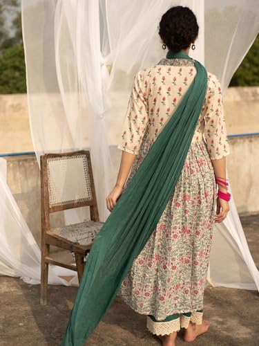 Anni Designer Women'S Cotton Blend Anarkali Printed Kurta With Pant & Dupatta (Toki White-Nw_Xl_White_X-Large),White,XL,Cotton Blend,ANNI DESIGNER Women's Cotton Blend Anarkali Printed Kurta with Pant & Dupatta (TOKI WHITE-NW),
