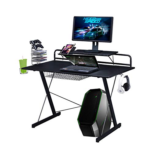 Techni Sport Gaming Desk - Two-Way Computer Desk With Elevated Monitor Stands, Cd Rack, Cup Holder, & Accessories Storage For A Complete Gaming Setup - Carbon Laminated With Durable Steel Frame