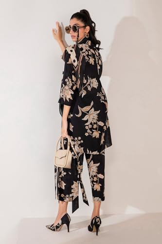 Anni Designer Women'S Cotton Blend Printed Kurta With Pant & Dupatta Co-Ord Set (Rabanee Black_M_Black_Medium),Black,M,Cotton Blend,Regular,Kurta, Scarf