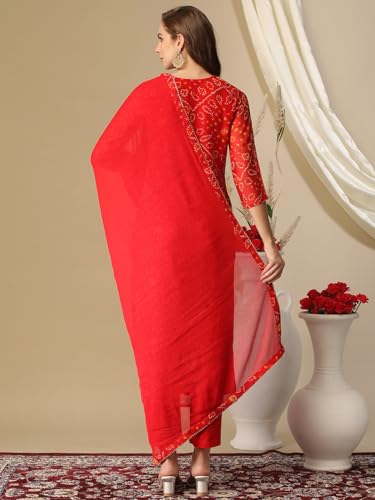 Anni Designer Women'S Cotton Blend Bandhani Printed Straight Kurta With Pant & Dupatta (Turae-Red-Nw_M_Red_Medium),Red,M,Cotton Blend,Regular,