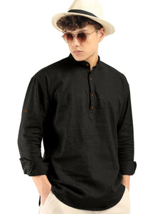 Royalscout Men'S Cotton Polyester Blend Solid Regular Fit Full Sleeve Short Kurta Black