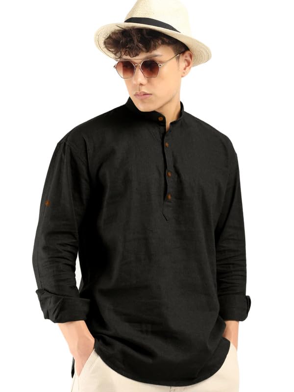 Royalscout Men'S Cotton Polyester Blend Solid Regular Fit Full Sleeve Short Kurta Black