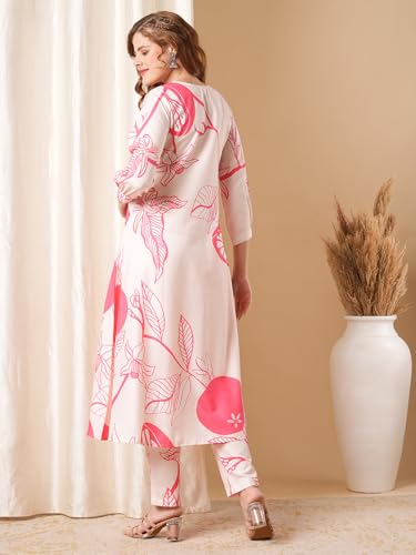 Anni Designer Women'S Cotton Blend Anarkali Printed Kurta With Pant (Santra Pink-Vks-01_Xxl_Pink_Xx-Large),Pink,2XL,Cotton Blend,Regular,Kurta