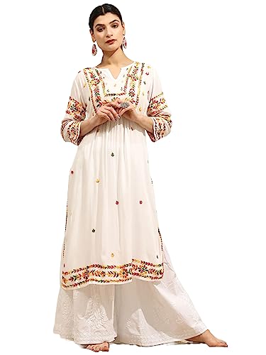 Gosriki Women'S Cotton Blend Chikankari Multi Work Embroidered Long Kurta (Simi White-Nw-Gs_S_White_Small),White,,B0CBXHT4FW