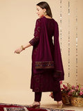 Gosriki Women'S Cotton Blend Straight Printed Kurta With Pant & Dupatta (Nov Wine-Gs_S_Wine_Small),Wine,,B0D9WFKKCD