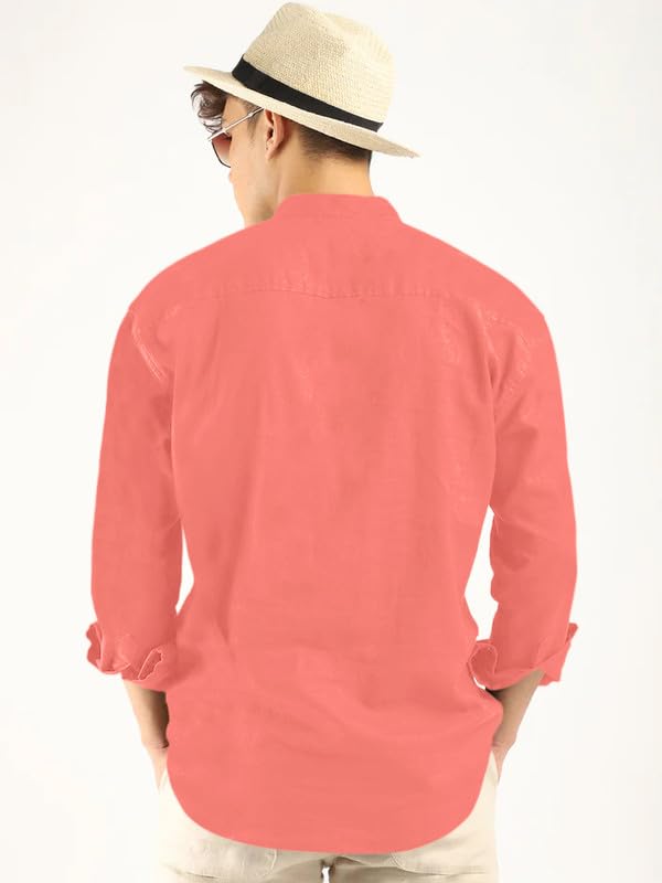 Royalscout Men'S Cotton Polyester Blend Solid Regular Fit Full Sleeve Short Kurta Peach Peach L Jm_Button_Peach_L