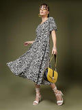 Oomph! Women'S Western & Fusion Wear Printed Crepe Dress For Women Puffed Sleeve Black - Md987,Midnight BlackApparel,S
