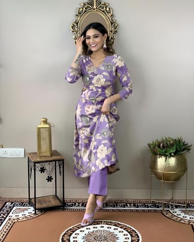 Anni Designer Women'S Cotton Blend Straight Printed Kurta With Pant (Dhun Lavender_S_Lavender_Small),Lavender,S,Rayon Blend,Regular,Kurta