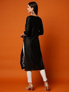 Gosriki Women'S Cotton Blend Straight Chikankari Embroidered Kurta (Chin-Black-Nw-Gs_M_Black_Medium),Black,,B0CBPRTXY5