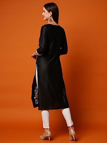 Anni Designer Women'S Cotton Blend Straight Fit Chikankari Embroidered Kurta (Victoria Black_L_Black_Large),Black,L,Cotton Blend,Straight,
