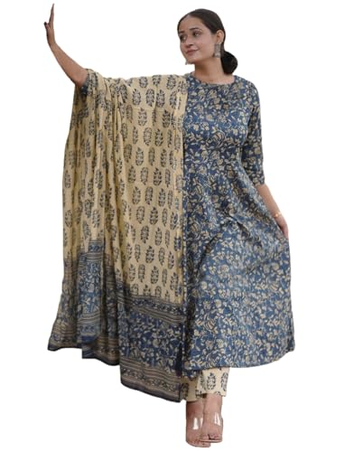 Gosriki Women'S Rayon Blend Anarkali Printed Kurta With Pant & Dupatta (Junapith Blue-Gs_S_Blue_Small),Blue,,B0DFXZQ5V6