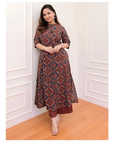 Anni Designer Women'S Cotton Blend Straight Printed Kurta With Palazzo (Abp Maroon-Nw_4Xl_Wine_Xxxx-Large),Maroon,4XL,Cotton Blend,Kurta Set,